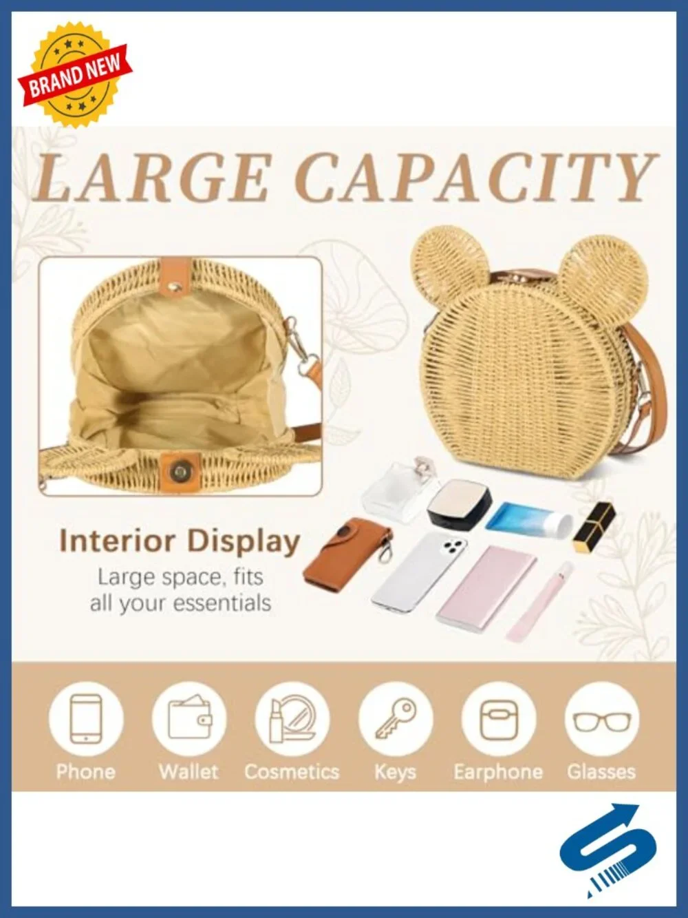 Round Rattan Straw Bag Purse Women Handmade Mouse Ear Wicker Woven Crossbody